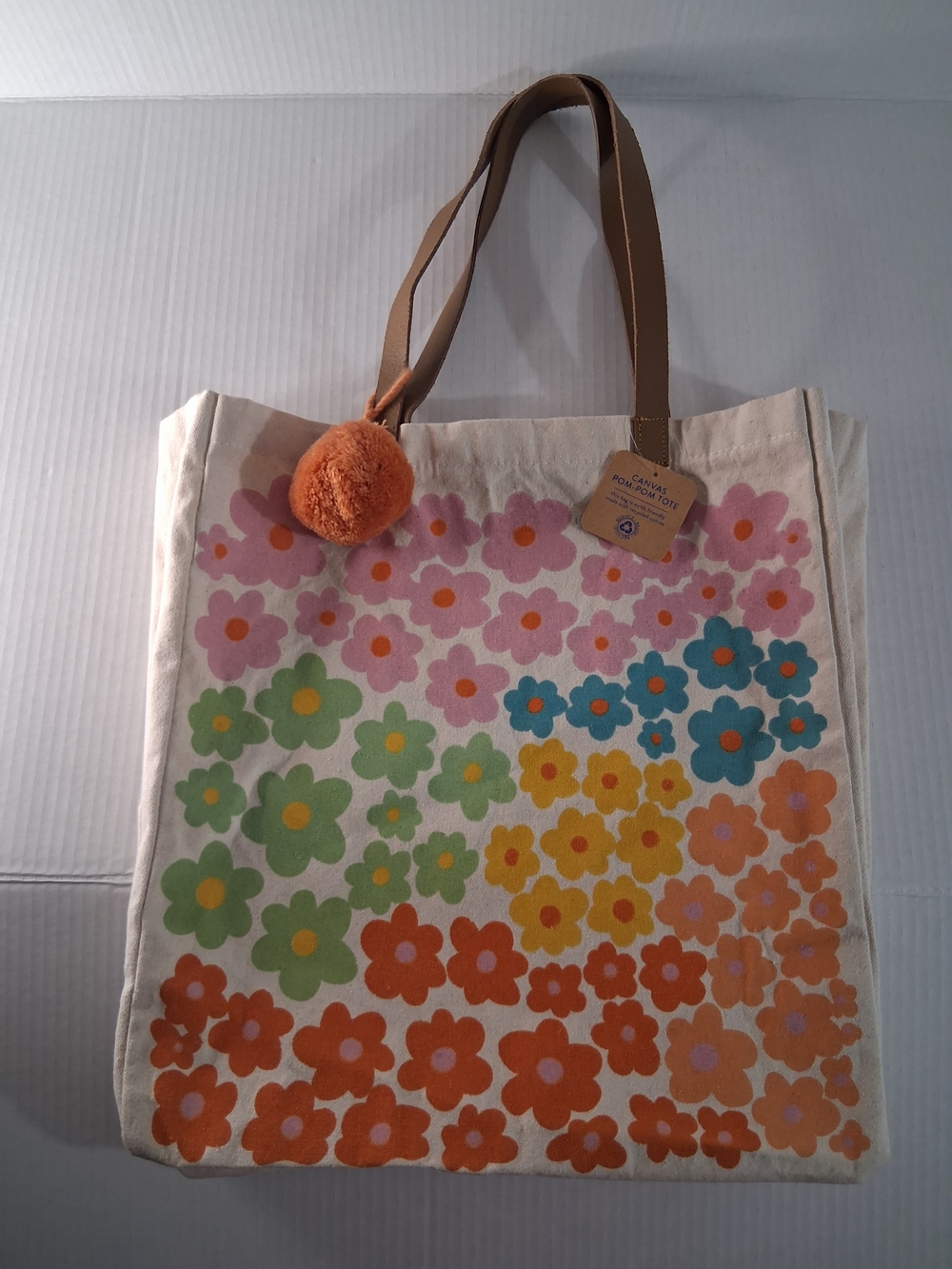 Eccolo Floral Canvas Tote with Pom Pom - Orange, Pink, Green, Blue, Yellow